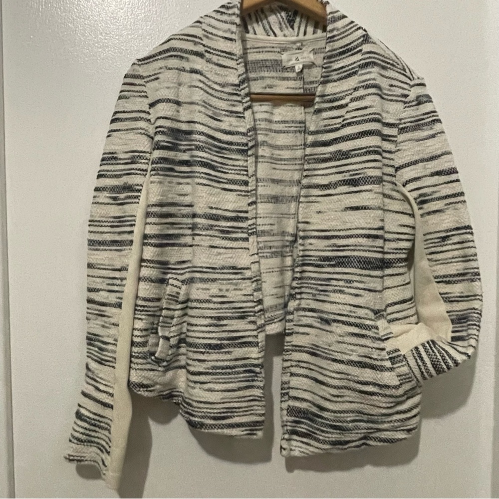 Lou & Grey Anthropologie Open Knit Blazer Cardigan Black Ivory 100% Cotten